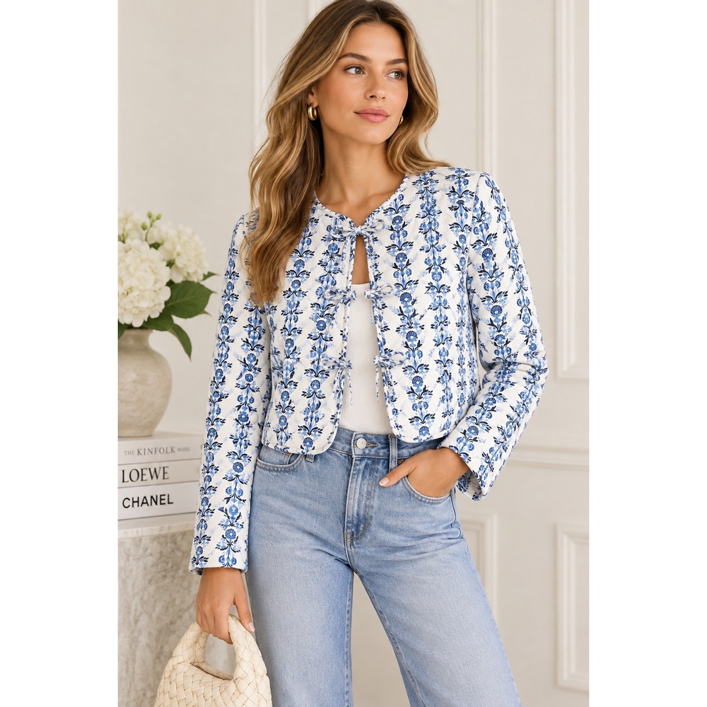 NWOT Caroline Constas Quilted Floral Linen Blend Blazer Jacket (MSRP: $395) S